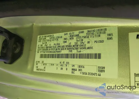 2012 Ford Econoline E150 Van z USA, uszkodzony, nr VIN 1FTNE1EW4CDA76957